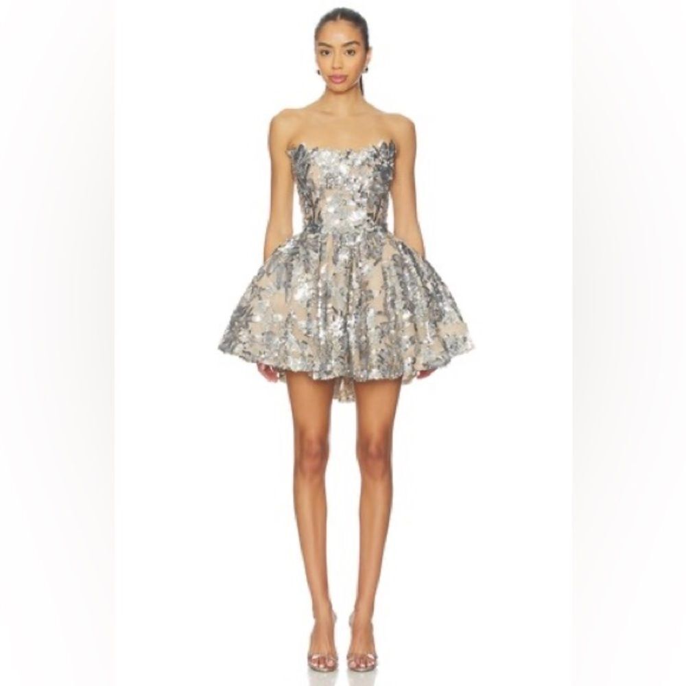 NWOT BRONX AND BANCO Chloe Strapless Mini Floral Sequin Dress in Dark Silver, S